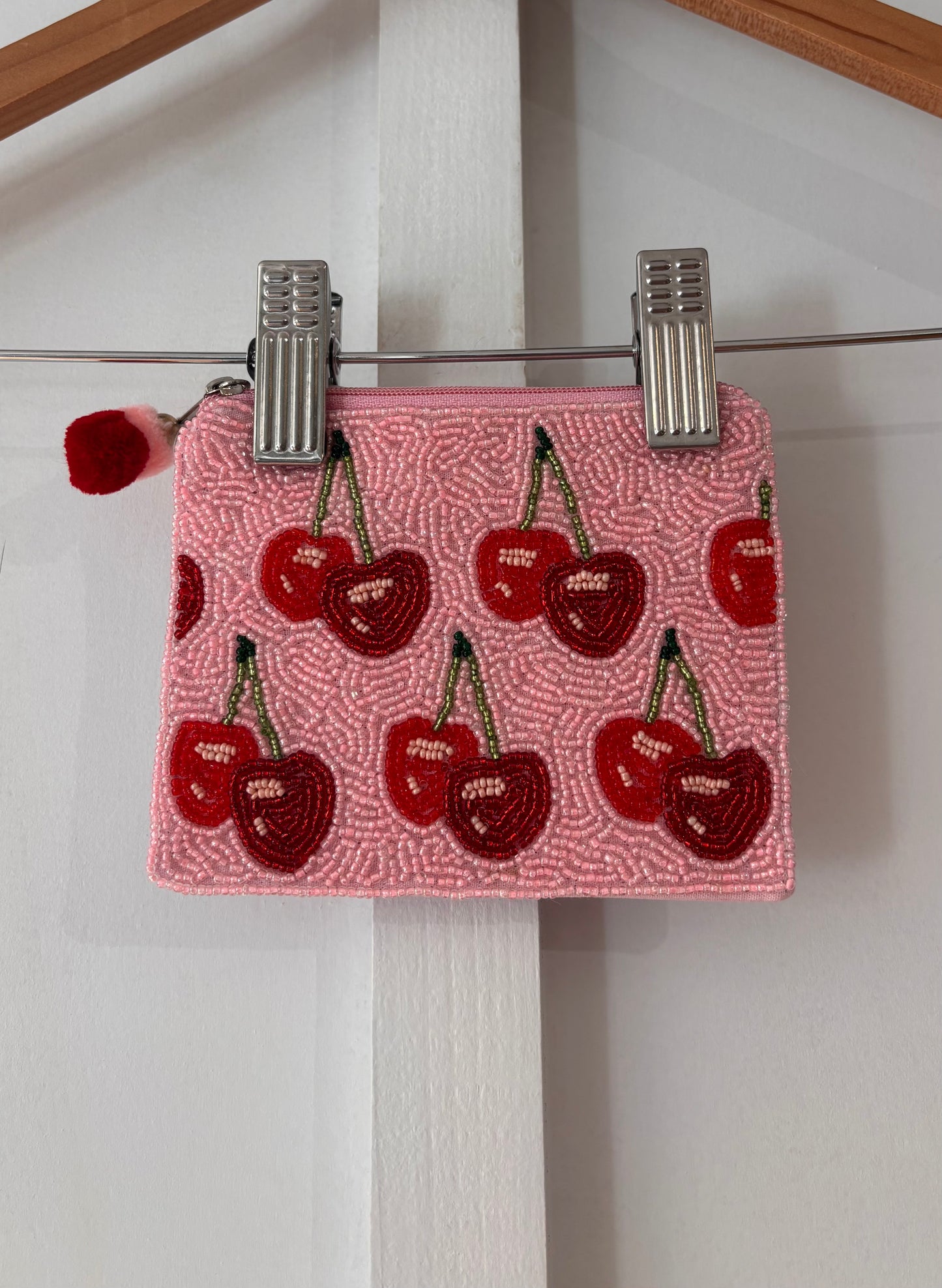 Pink Cherries Beaded Coin Purse